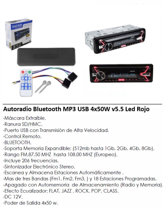 AUTORADIO BLUETOOTH MP3 USB 4X50W V5.5 LED ROJO