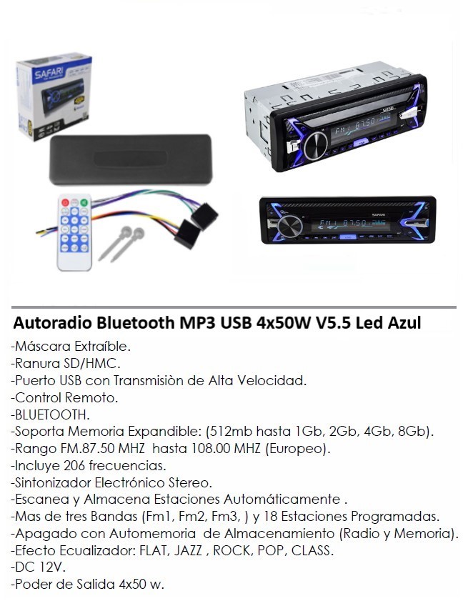 AUTORADIO BLUETOOTH MP3 USB 4X50W V5.5 LED AZUL